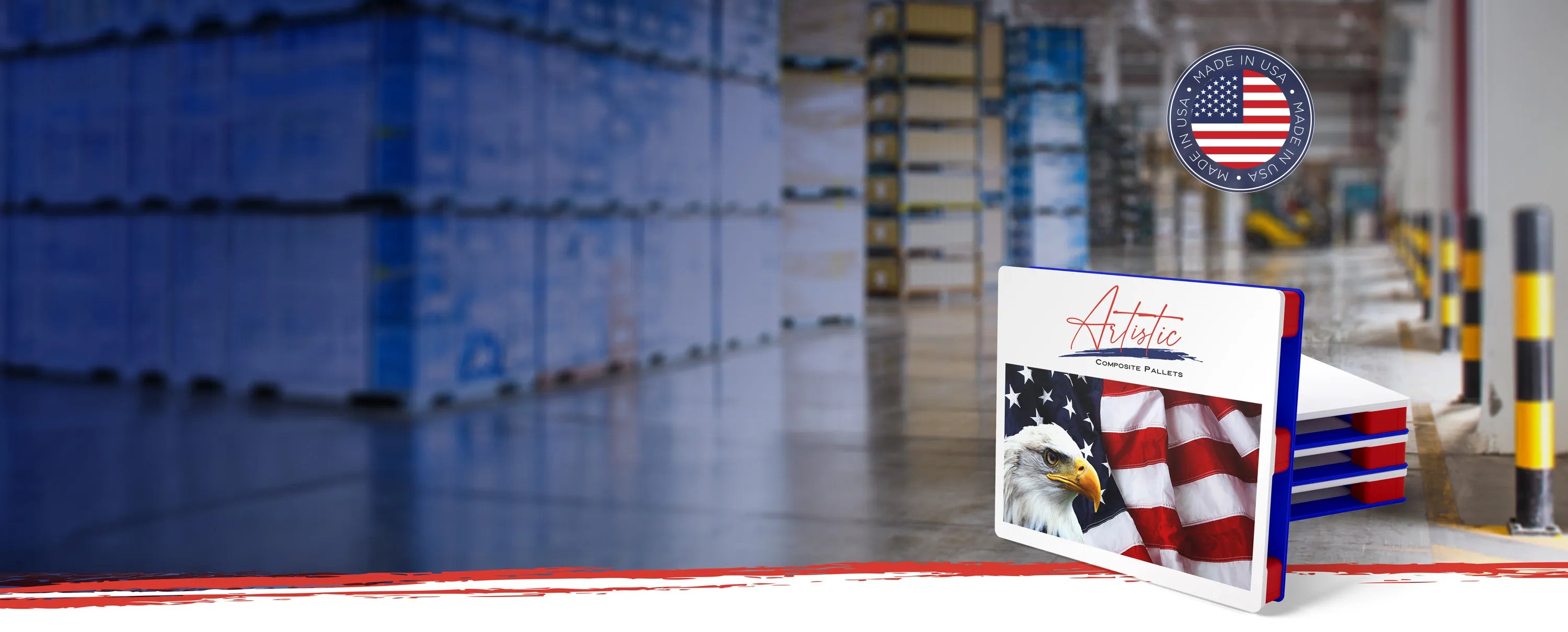 Block pallet with American flag design in a warehouse setting