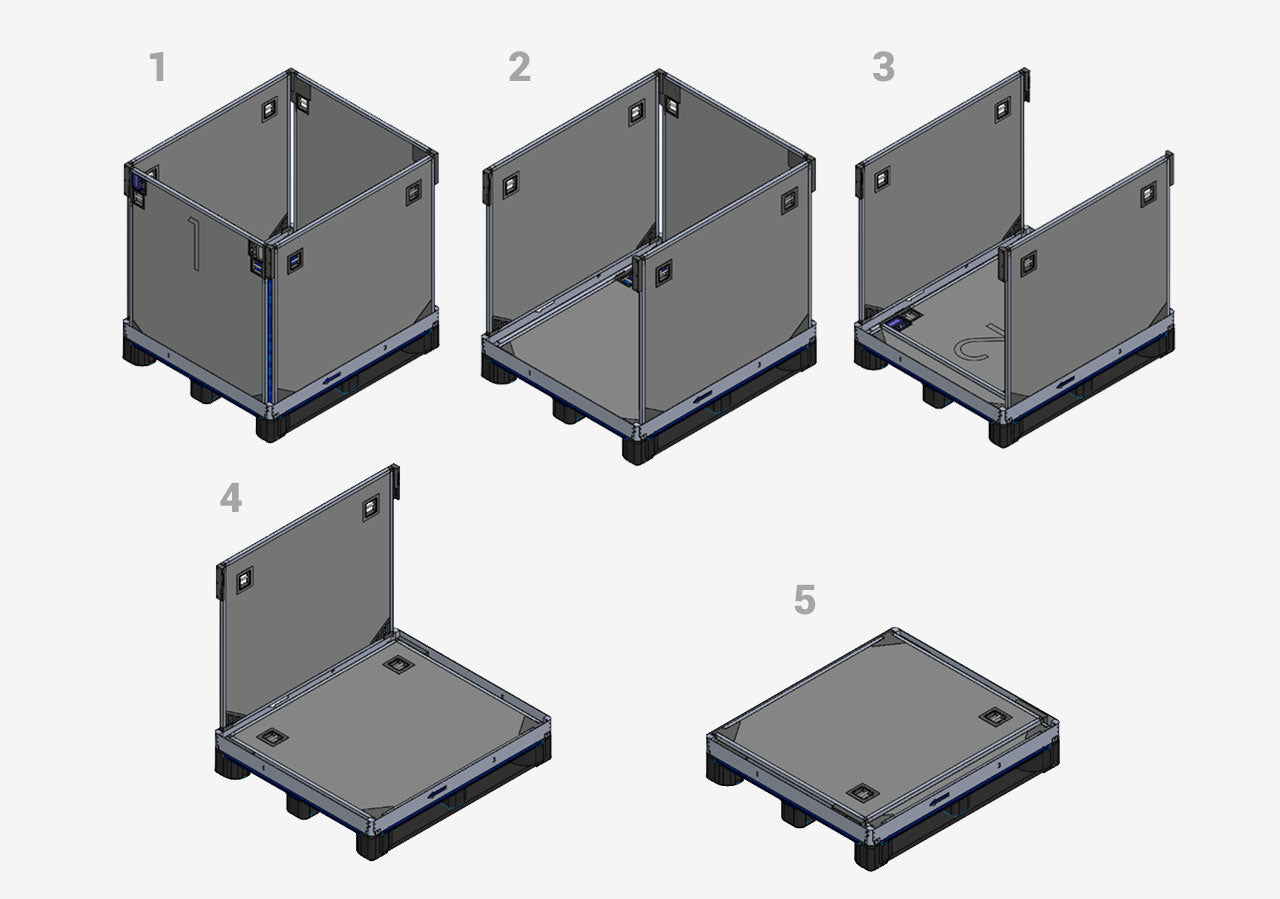 Step-by-step assembly diagram of a collapsible container pallet.