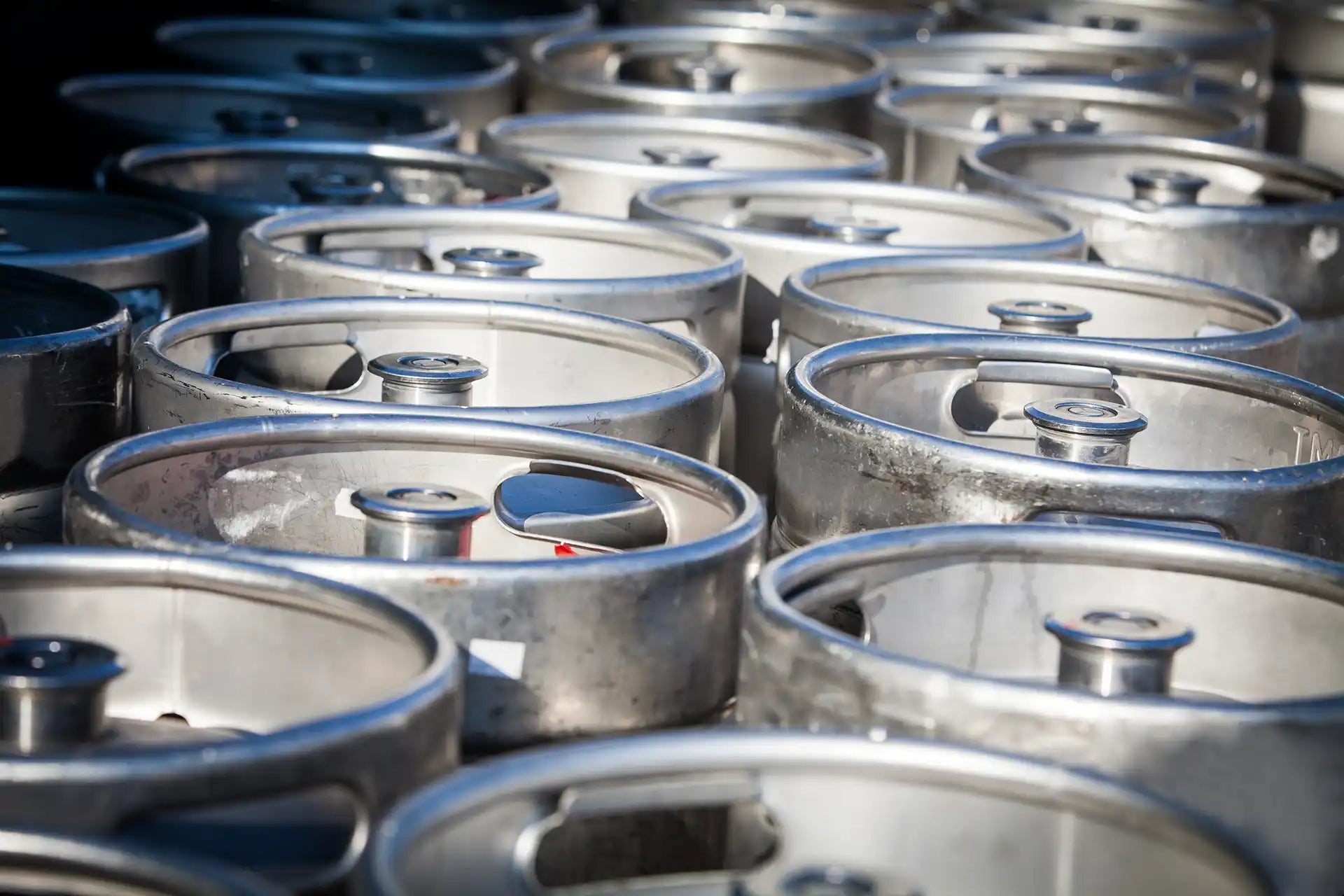 Metal kegs in rows