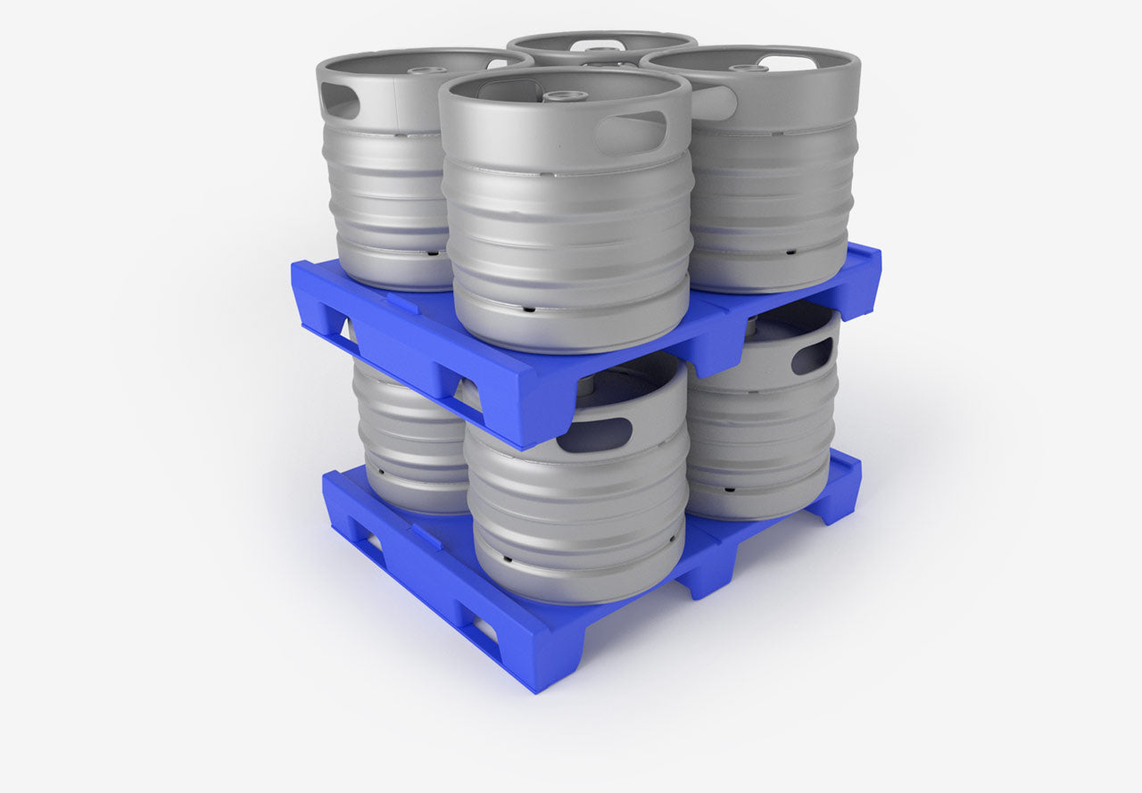 Blue pallet with eight silver kegs on a white background
