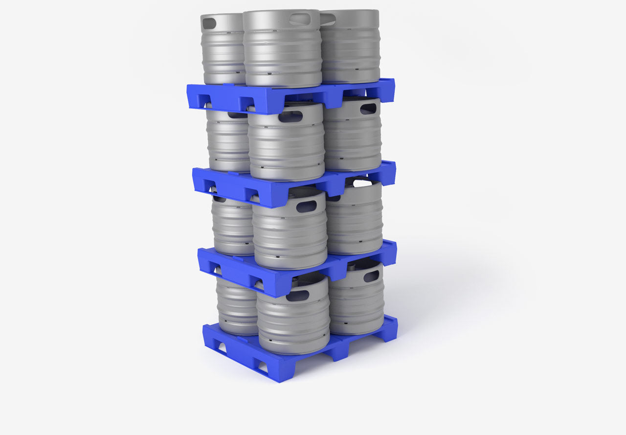 Stack of metal kegs on a blue pallet against a white background