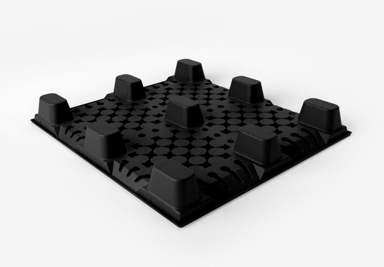 Black plastic pallet on white background.